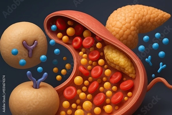 Fototapeta 3D render of a Blood Vessel in Type 2 Diabetes: Lipids, Pancreas, and Insulin Molecules
