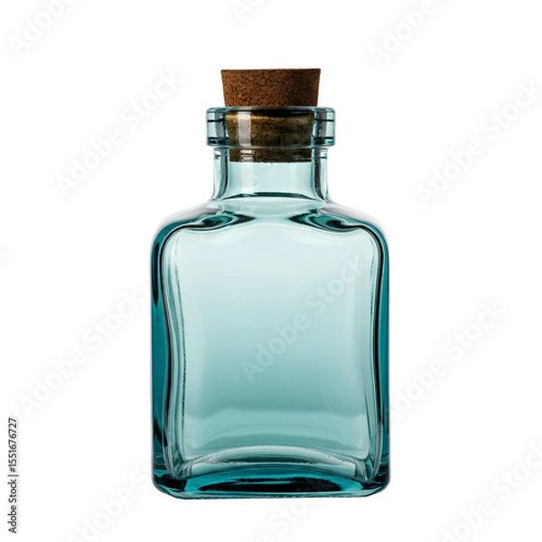 Fototapeta A transparent teal glass bottle with a cork stopper, featuring rounded edges and a minimalist design.