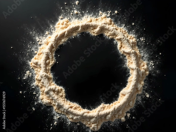 Fototapeta White powder arranged in a perfect circle on black background, suitable for food, culinary, or abstract design themes. Generative AI