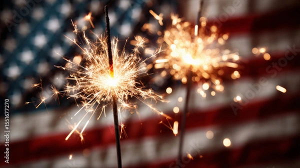 Obraz Sparklers with american flag background. Happy 4th of July concept