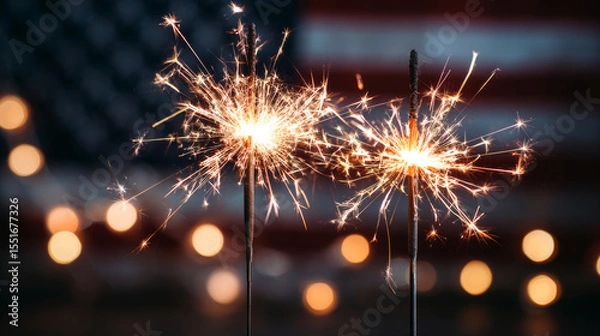 Obraz Sparklers with american flag background. Happy 4th of July concept