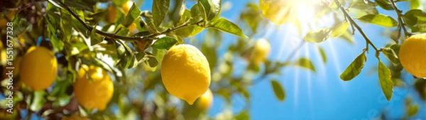 Obraz Lemon tree with fresh lemons on blue sunny summer sky background