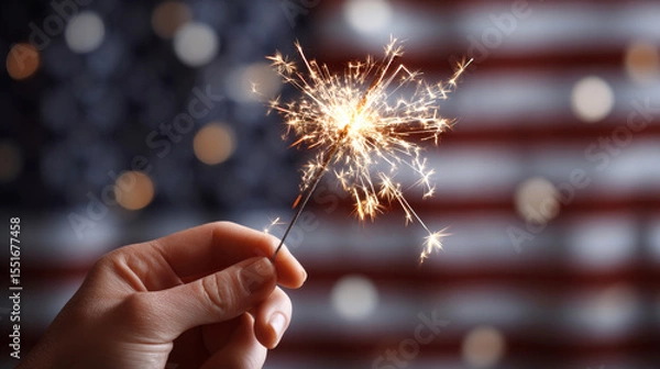 Obraz Female hand with sparkler on american flag background. Happy 4th of July concept