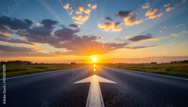 Fototapeta Asphalt road in the countryside at sunset. Landscape with asphalt road