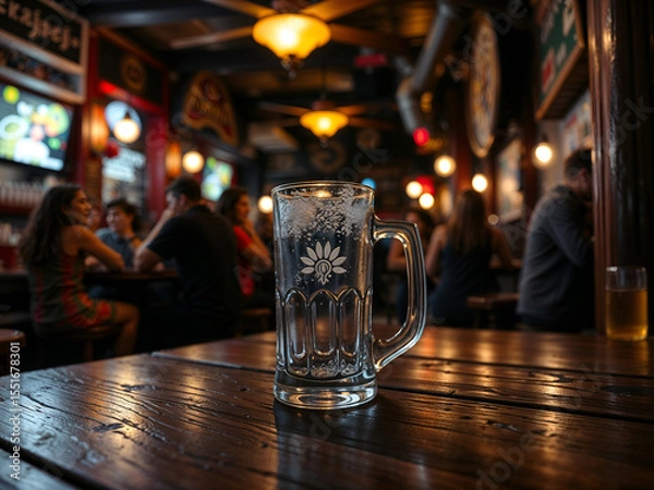 Fototapeta Empty glass beer mug on a wooden table in a cozy bar with blurred background lights, perfect for beverage or nightlife themes. Generative AI