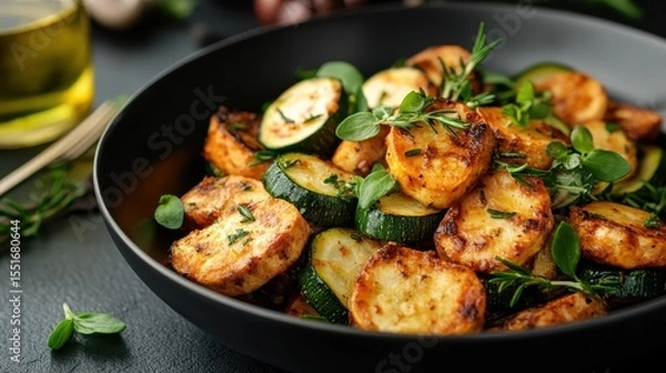 Fototapeta This eye-catching dish showcases beautifully roasted vegetables such as zucchini, emphasizing the fresh ingredients and rustic appeal of healthy eating.