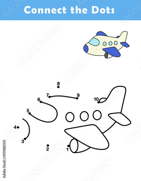 Fototapeta Dot to Dot Worksheet for Kids. Connect the dots to draw a cute airplane . Illustration of Airplane. Coloring page.	