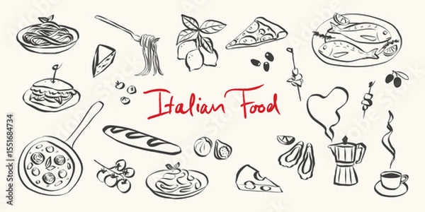 Fototapeta Whimsical italian food doodles. Whimsical icons of Italian food in simple crayon and sketch style. Trendy art for menus and dinner brunch invitations. La dolce vita vector illustration