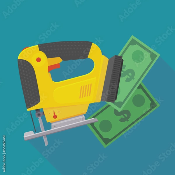 Fototapeta Yellow jigsaw side view with dollar banknotes in flat design style on a blue background with long shadow