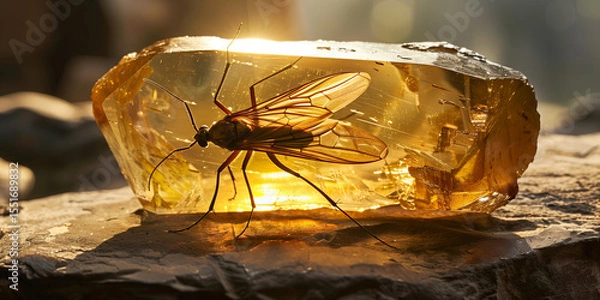 Fototapeta Prehistoric insect trapped in a piece of amber lying on the sand beach, waves of the Baltic sea in the background.