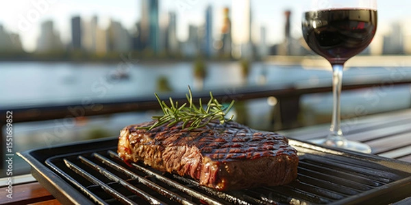 Fototapeta Argentinian steak on a grill plate with a glass of red wine, Buenos Aires skyline in the background