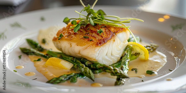 Fototapeta Delicious white fish with asparagus and lemon served with sauce on a white plate.