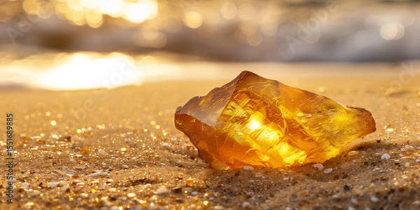 Fototapeta Beautiful pieces of amber on the sand beach, waves of the Baltic sea in the background.