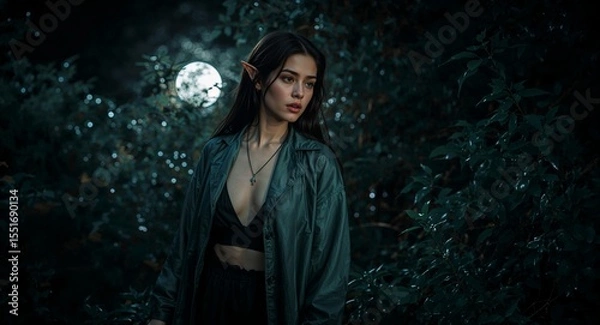 Obraz Alluring Asian elven woman with pointed ears and silk cloak deep in moonlit glade