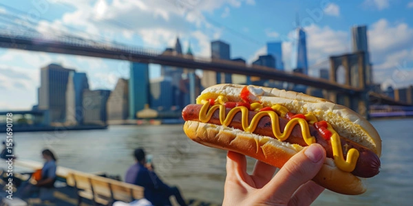 Fototapeta Close-up of a hand holding a classic American hot dog with mustard and ketchup, background shows the Brooklyn Bridge in New York City.