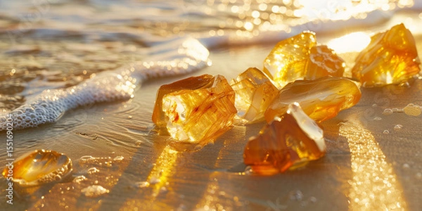 Fototapeta Beautiful pieces of amber on the sand beach, waves of the Baltic sea in the background.