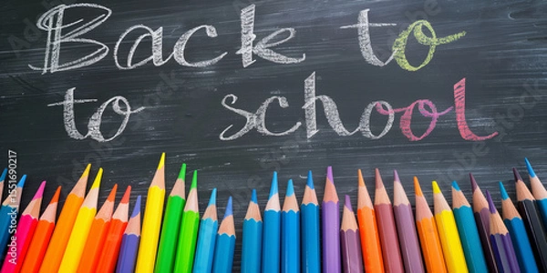 Fototapeta Many colorful pencils on the black chalk board with the text "Back to school".