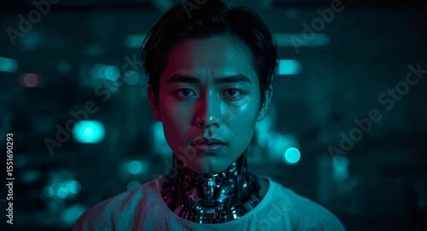 Obraz Asian male android model with half synthetic face lit by teal and magenta lights in cyber laboratory chamber