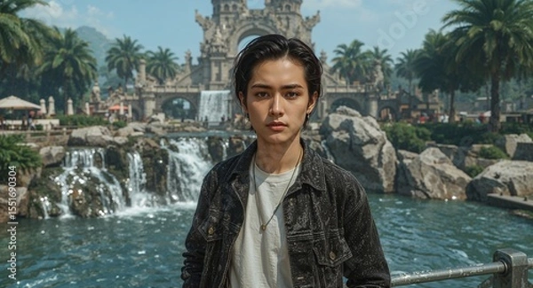 Obraz Asian man with piercing gaze and fiber optic hairstyle leaning beside digitized waterfall in virtual nature plaza