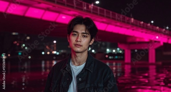 Obraz Attractive Asian guy with luminous skin finish and soft smirk posing under pink lit bridge with flying cars above