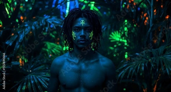 Obraz Bare chested Asian man with luminous scars and synthetic dreadlocks standing in neon jungle with bioluminescent plants