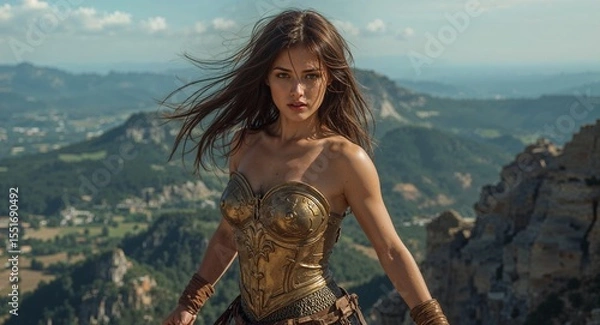 Obraz Bare Shouldered Warrior Queen in Gold Chestplate Posing on Mountain Cliff with Windblown Hair