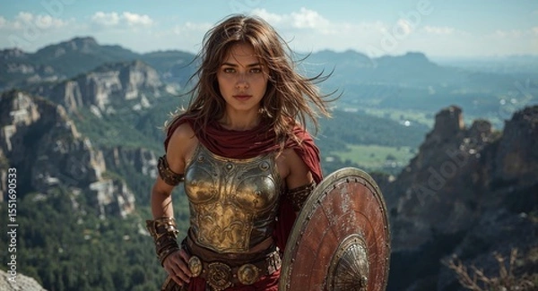 Obraz Bare Shouldered Warrior Queen in Gold Chestplate Posing on Mountain Cliff with Windblown Hair