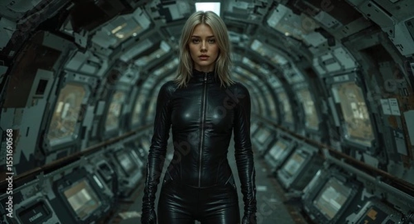 Obraz Blond model in half zipped synthetic suit inside overgrown futuristic subway with broken tech panels