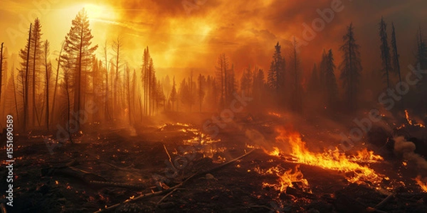 Fototapeta A dramatic landscape of a forest fire engulfing trees and terrain.