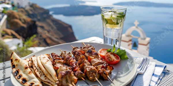 Fototapeta Grilled souvlaki with pita bread and a glass of ouzo on a table, Santorini white houses and blue sea in the background.