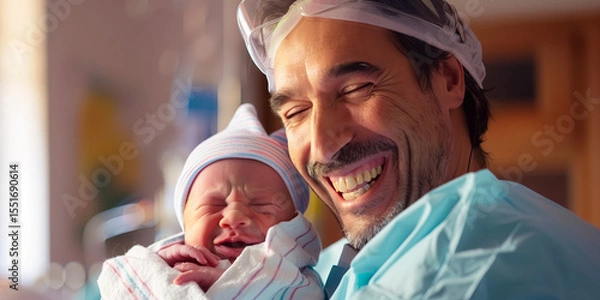 Fototapeta Happy young father holding his newborn baby right after labor in the delivery room.