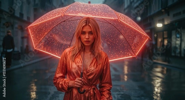 Obraz Blonde in Metallic Wrap Dress Holding Neon Umbrella in Synth Rainstorm Street Scene