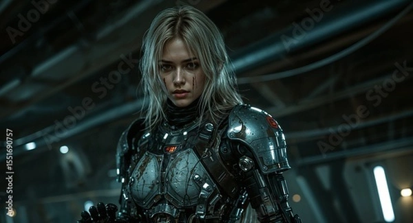 Obraz Blonde Mechanic with Oil Streaked Skin and Augmented Arms Working Beneath Neon Bridge