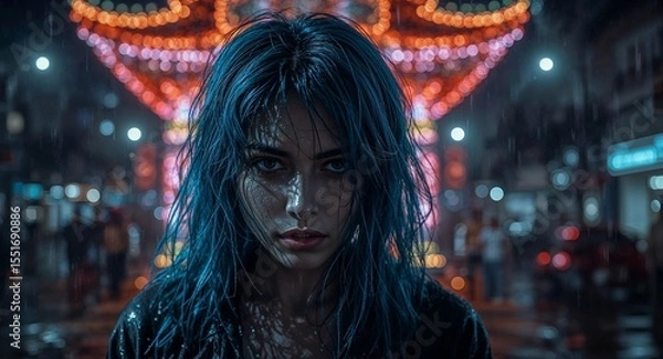 Obraz Blue haired model with glowing facial lines staring intensely in front of LED street shrine in rain