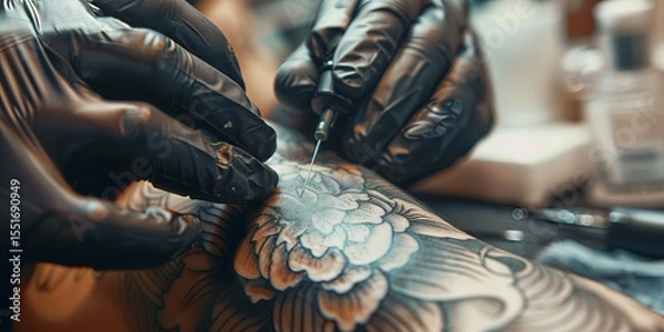 Fototapeta Focused tattoo artist is creating new tattoo on client's hand at tattoo studio.