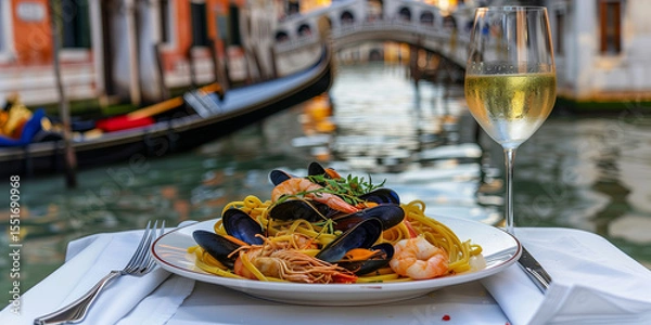 Fototapeta Italian seafood pasta served with a glass of chilled white wine on an outdoor table, background shows canals and small bridges of Venice, Italy.
