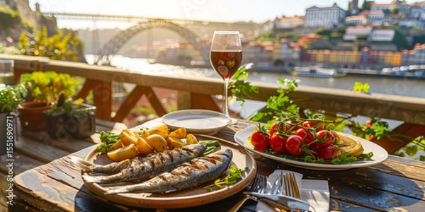 Fototapeta Grilled sardines, boiled potatoes, fresh vegetables, glass of red wine, with scenic view of Porto, Portugal in the background.