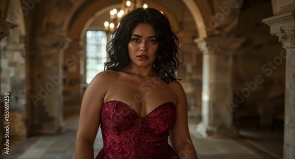 Obraz Curvy African Enchantress in Deep Burgundy Corset Inside Candlelit Stone Castle Hall