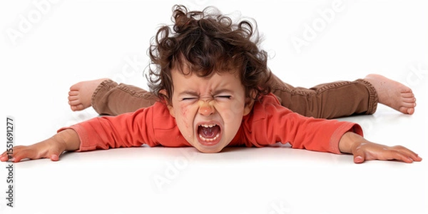 Fototapeta Toddler having a temper tantrum or meltdown on the floor at home.
