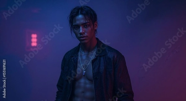 Obraz Dark skinned male in open mesh jacket posing in cyberpunk nightclub haze