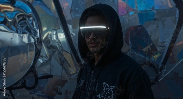 Obraz Dark toned hunk in glowing visor against metallic street art hologram wall