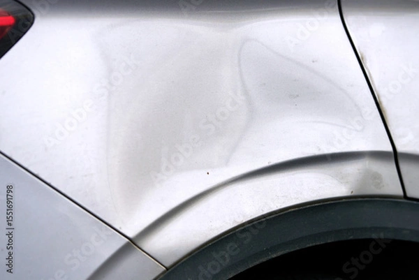 Fototapeta Dented, scratched car body near rear wheel arch showing paint damage, huge deformation from exterior impact. Rear side of vehicle fender panel with including deep dent, paint scratch. Selective focus
