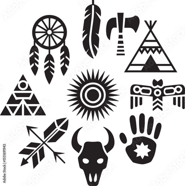 Fototapeta Nine Black Native American Culture Vector Icons Set Dreamcatcher Teepee Tomahawk Sun