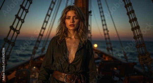Obraz Golden haired pirate queen in torn blouse standing on medieval ship deck at dusk