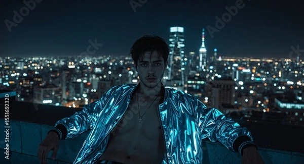 Obraz Green eyed guy in open holographic jacket lounging on rooftop overlooking neon megacity skyline