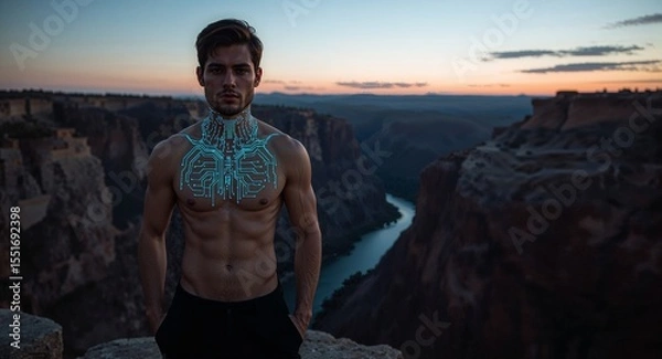Obraz Handsome shirtless model with chrome neck circuitry standing on edge of digital canyon at dusk