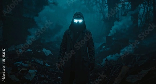 Obraz Mysterious man in hooded trench and light up visor standing by steam vents in digital junkyard