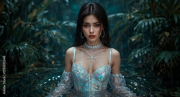 Obraz Mystical Asian Cyber Siren Wearing Iridescent Corset in Hologram Rain Forest