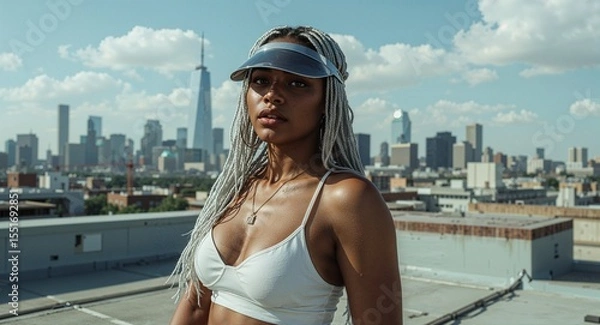 Obraz Pretty dark skinned woman with silver braids and chrome visor posing on rooftop with dystopian skyline