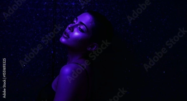 Obraz Seductive woman with shaved sides and purple glowing face paint posing against steel wall covered in digital code